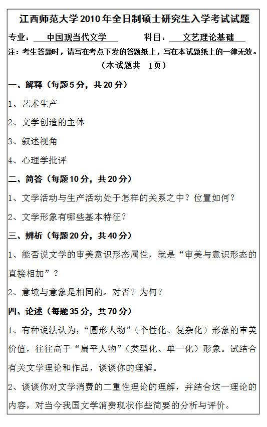 2010年江西师范大学715文艺理论基础考研真题