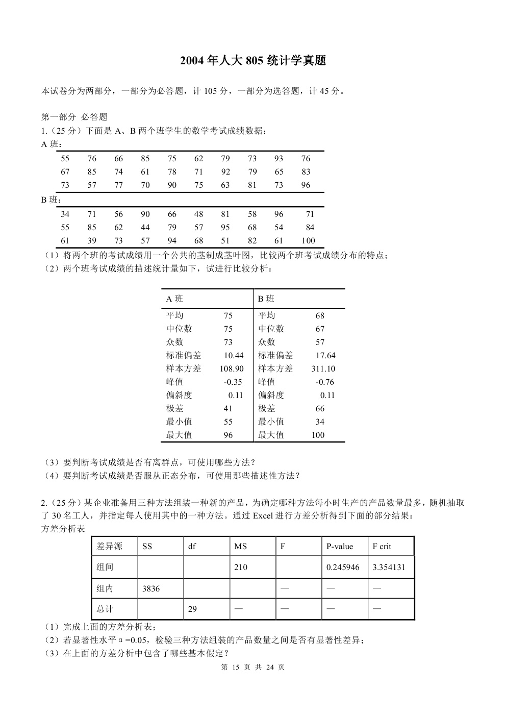 2000-2015年中国人民大学805统计学考研真题,中国人民大学统计学,中国人民大学,统计学,第15张