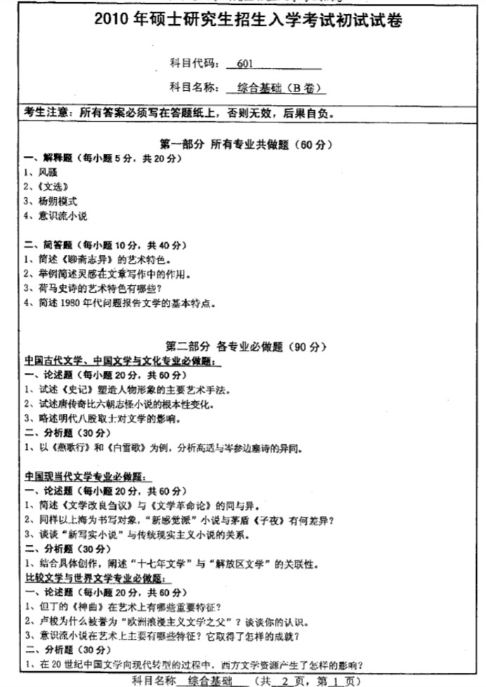2010年南京师范大学古典文献学考研试题(初试+复试),南京师范大学,第2张