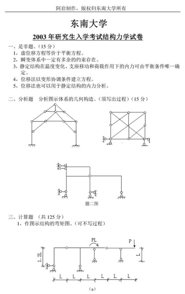 2003年东南大学结构力学考研真题,东南大学结构力学,东南大学,结构力学,第4张
