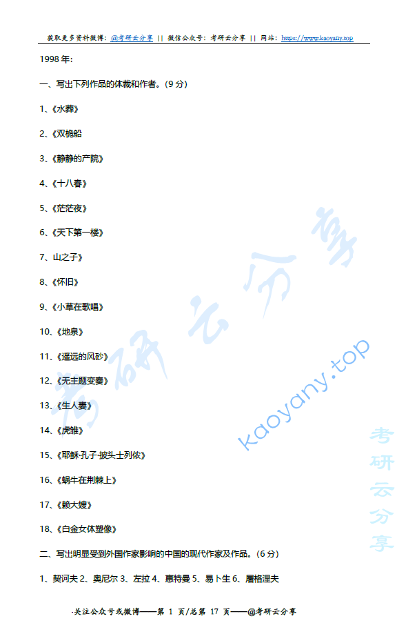 1998-2016年南京师范大学现当代考研真题