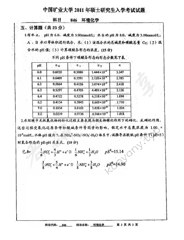 2011年中国矿业大学（徐州）846环境化学考研真题,中国矿业大学环境化学,中国矿业大学,环境化学,第3张