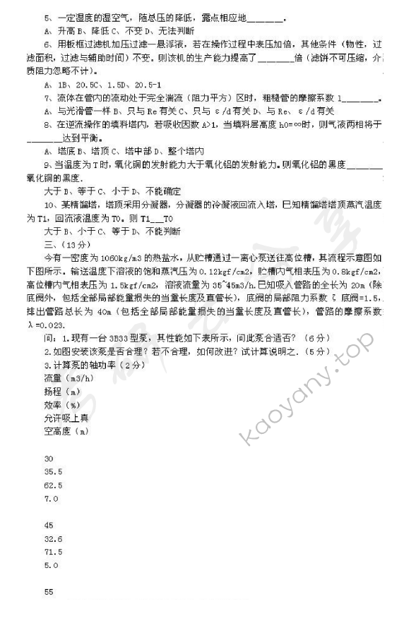 1998年北京化工大学化工原理考研真题,北京化工大学化工原理,北京化工大学,化工原理,第2张