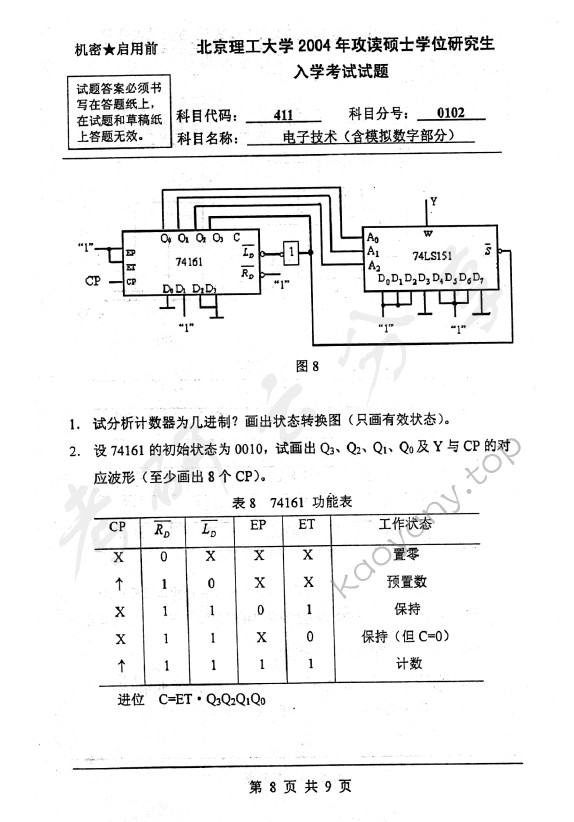 2004年北京理工大学411电子技术（含模拟数字部分）考研真题,北京理工大学电子技术,北京理工大学,电子技术,第8张