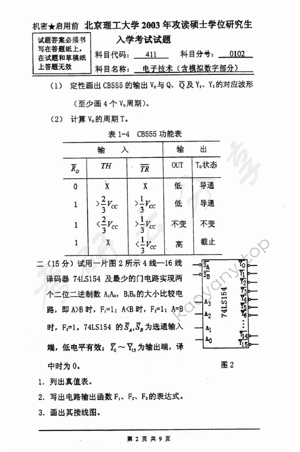 2003年北京理工大学411电子技术（含模拟数字部分）考研真题,北京理工大学电子技术,北京理工大学,电子技术,第2张