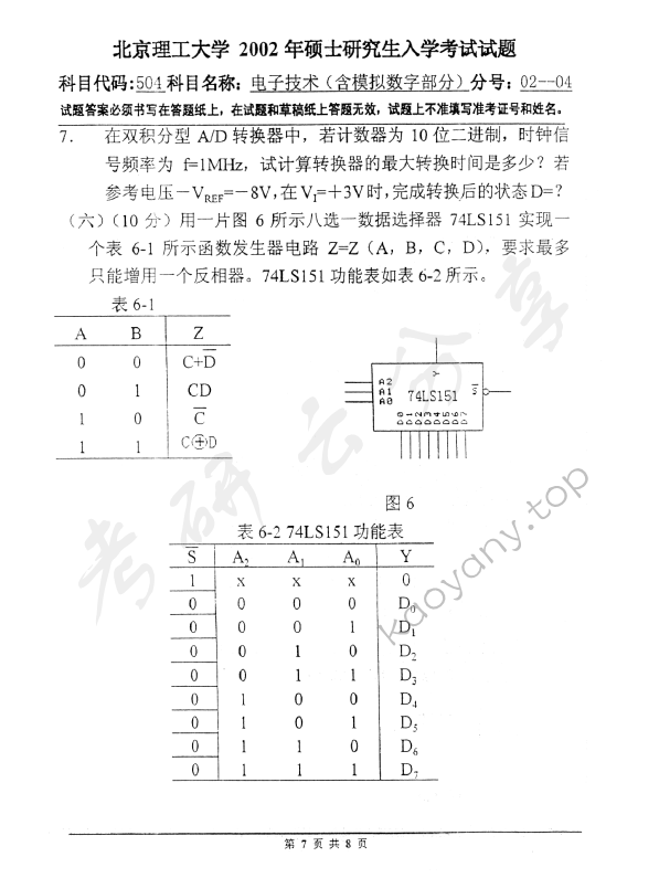 2002年北京理工大学411电子技术（含模拟数字部分）考研真题,北京理工大学电子技术,北京理工大学,电子技术,第7张