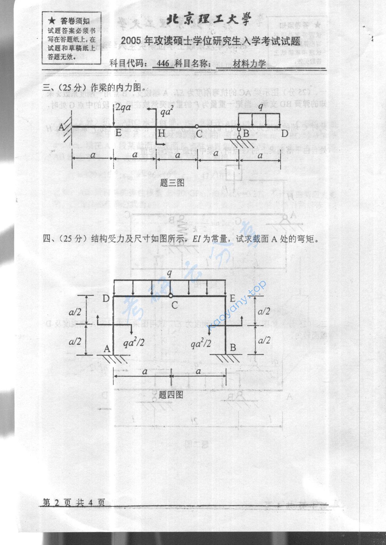 2005年北京理工大学446材料力学考研真题,北京理工大学材料力学,北京理工大学,材料力学,第2张