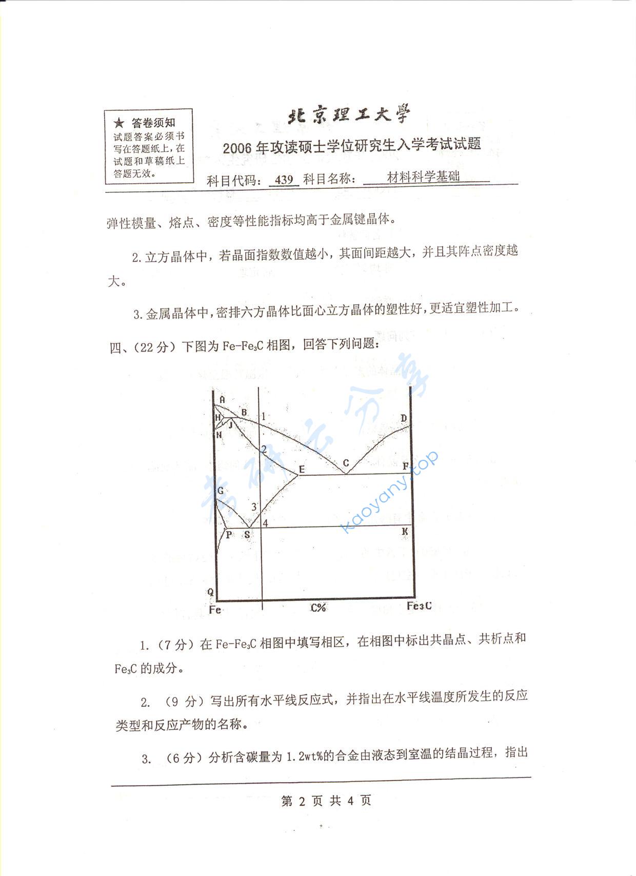 2006年北京理工大学439材料科学基础考研真题,北京理工大学材料科学基础,北京理工大学,材料科学基础,第2张