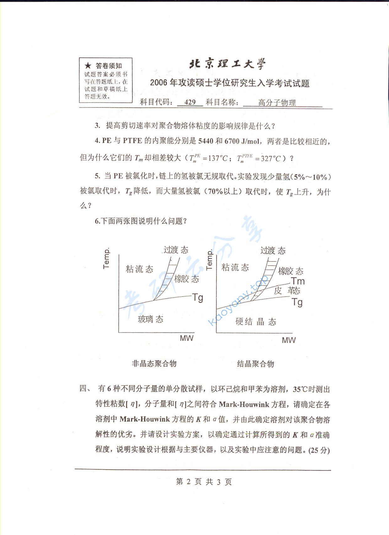 2006年北京理工大学429高分子物理考研真题,北京理工大学高分子物理,北京理工大学,高分子物理,第2张
