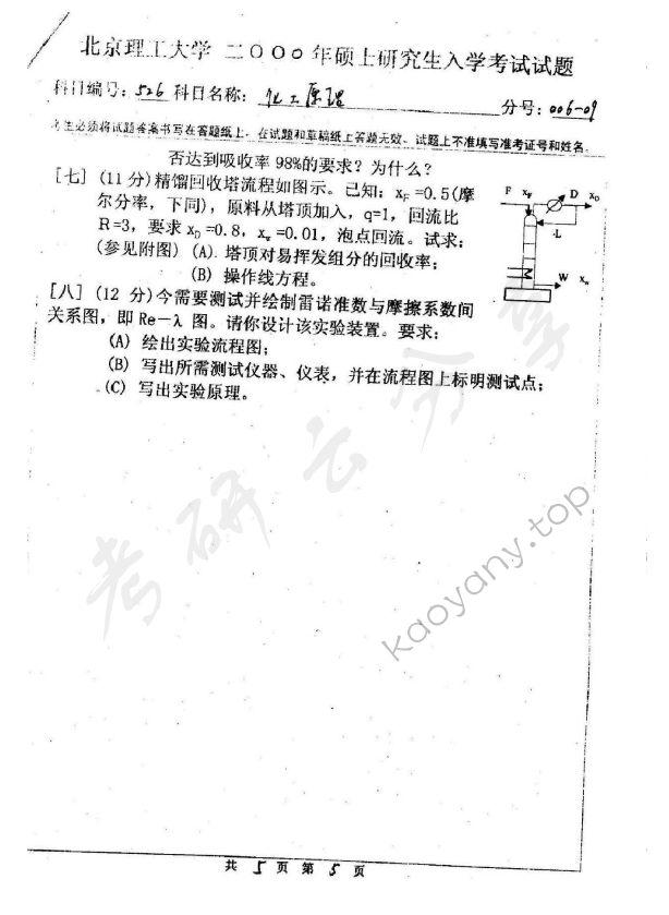 2000年北京理工大学526化工原理考研真题,北京理工大学化工原理,北京理工大学,化工原理,第5张