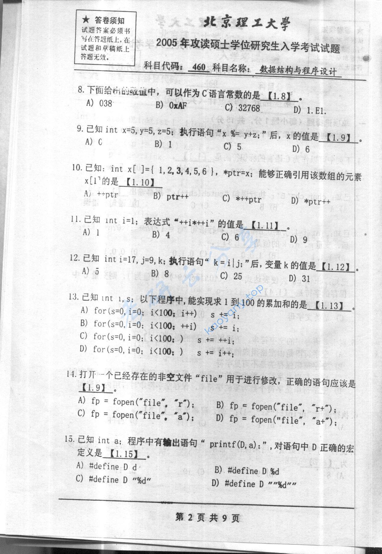 2005年北京理工大学460数据结构与程序设计考研真题,北京理工大学数据结构与程序设计,北京理工大学,数据结构与程序设计,第2张