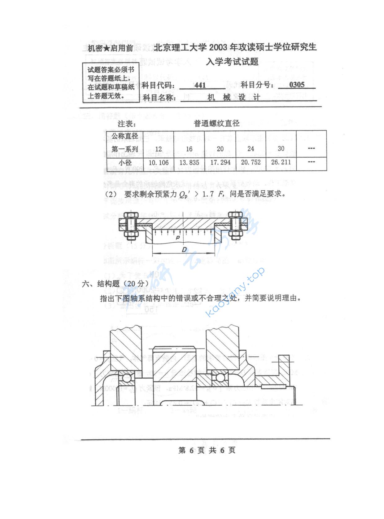 2003年北京理工大学441机械设计考研真题,北京理工大学机械设计,北京理工大学,机械设计,第6张