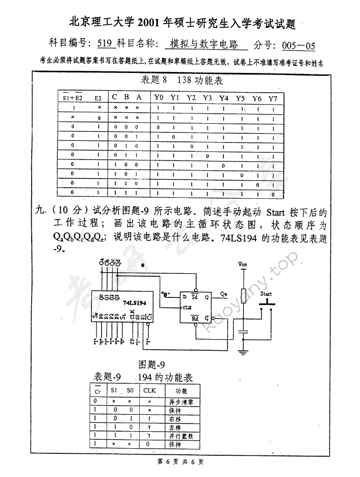 2001年北京理工大学519模拟与数字电路考研真题,北京理工大学模拟与数字电路,北京理工大学,模拟与数字电路,第5张