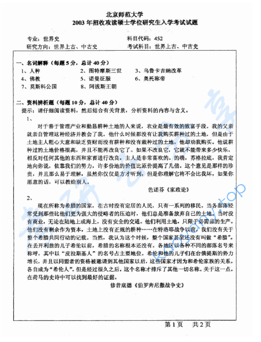 2003年北京师范大学452世界史考研真题
