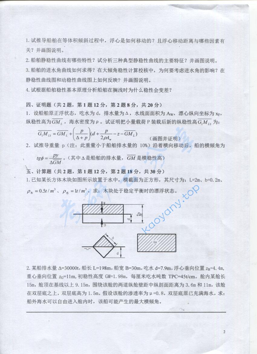 2016年上海海事大学823船舶静力学考研真题,上海海事大学船舶静力学,上海海事大学,船舶静力学,第2张