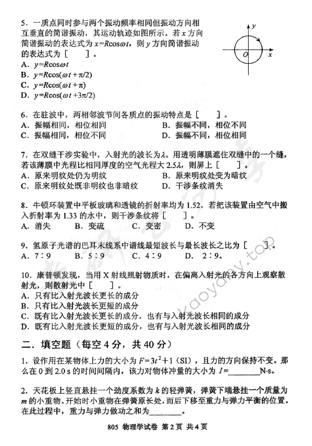 2011年北京邮电大学805物理学考研真题,北京邮电大学物理学,北京邮电大学,物理学,第2张