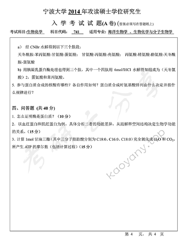 2014年宁波大学741生物化学（A卷）考研真题,宁波大学生物化学,宁波大学,生物化学,宁波大学生物化学考研真题,第4张