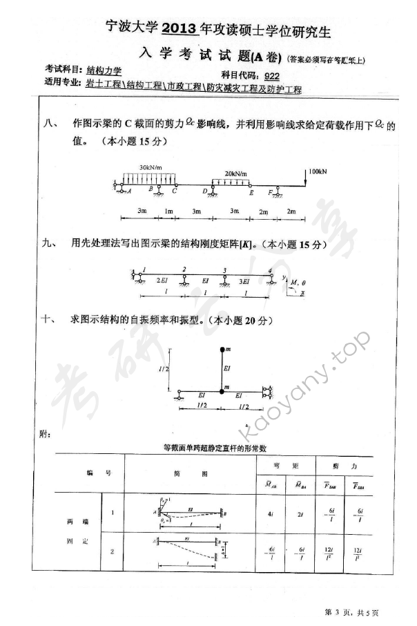 2013年宁波大学823结构力学考研真题,宁波大学结构力学,宁波大学,结构力学,宁波大学结构力学考研真题,第3张