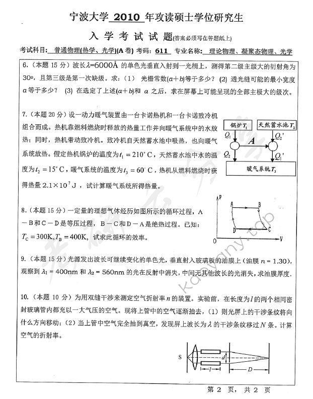 2010年宁波大学611普通物理（热学、光学）考研真题,宁波大学普通物理,宁波大学,普通物理,宁波大学普通物理考研真题,第2张