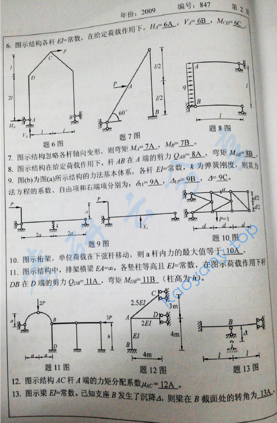 2009年浙江大学847结构力学考研真题,浙江大学结构力学,浙江大学,结构力学,第2张