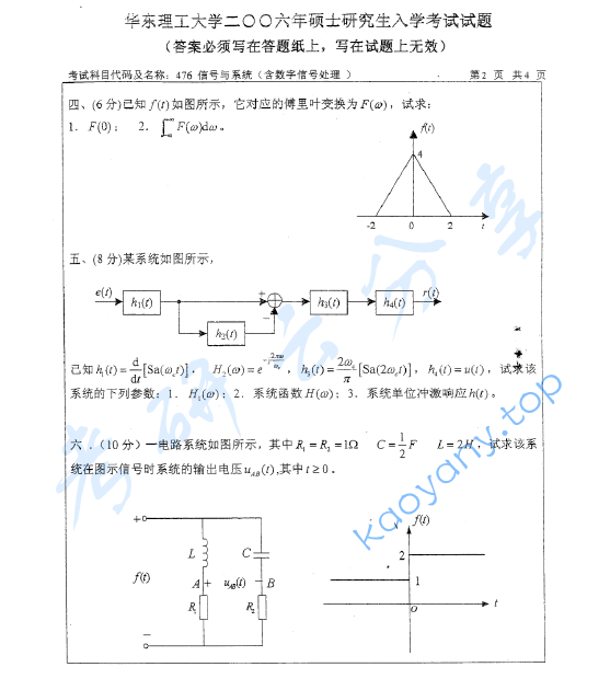 2006年华东理工大学476信号与系统（含数字信号处理）考研真题,华东理工大学信号与系统,华东理工大学,信号与系统,华东理工大学数字信号处理,数字信号处理,第2张
