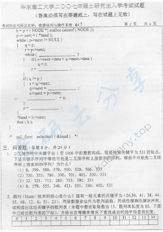 2007年华东理工大学417数据结构与操作系统考研真题,华东理工大学数据结构与操作系统,华东理工大学,数据结构与操作系统,第2张
