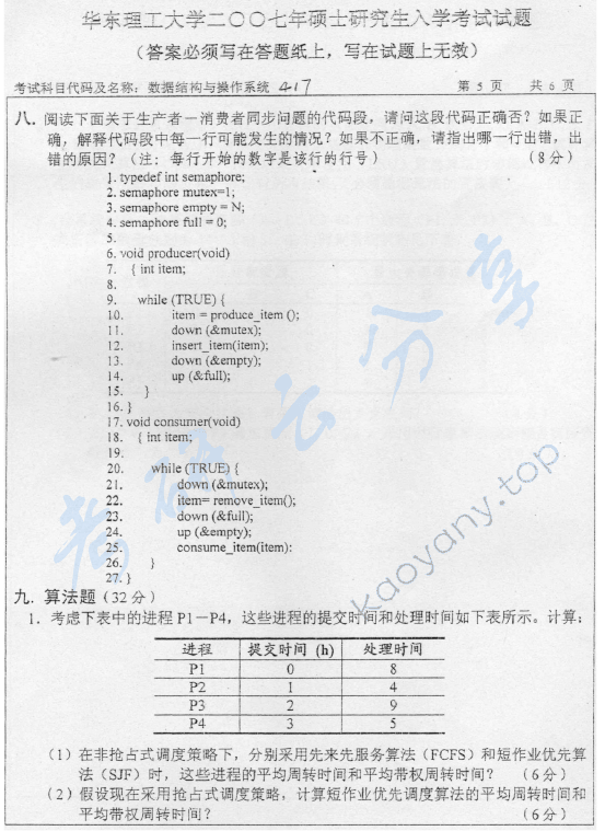 2007年华东理工大学417数据结构与操作系统考研真题,华东理工大学数据结构与操作系统,华东理工大学,数据结构与操作系统,第5张