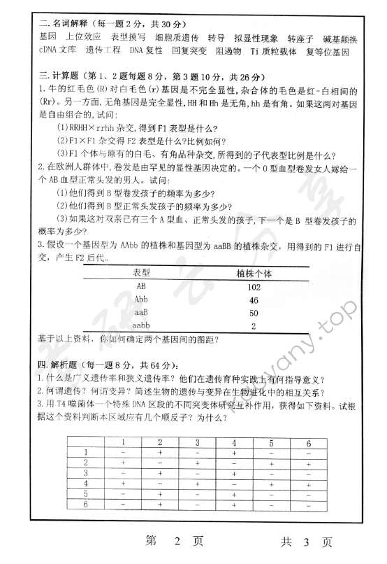2005年上海师范大学363遗传学考研真题,上海师范大学遗传学,上海师范大学,遗传学,第2张