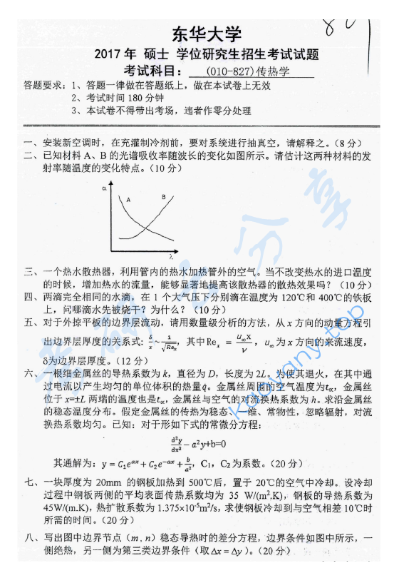 2017年东华大学827传热学考研真题,东华大学传热学,东华大学,传热学,第2张