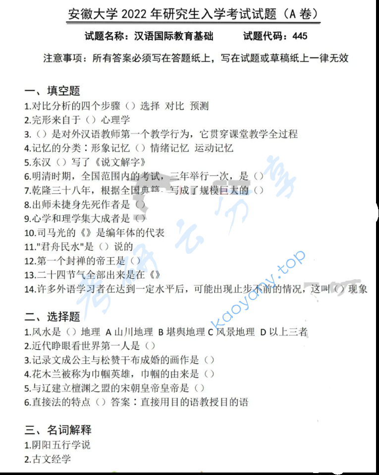 2022年安徽大学445汉语国际教育基础考研真题