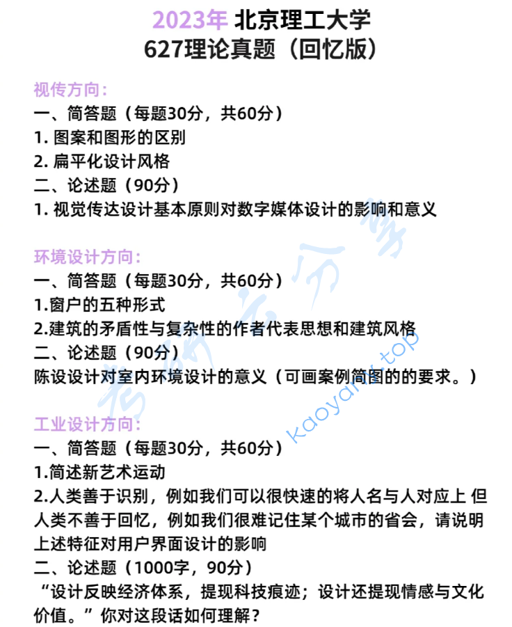 2023年北京理工大学627设计理论考研真题
