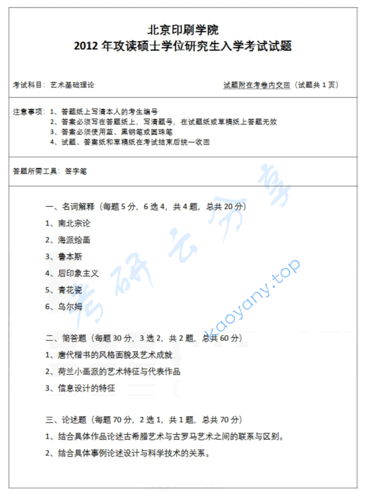2012年北京印刷学院613艺术基础理论考研真题