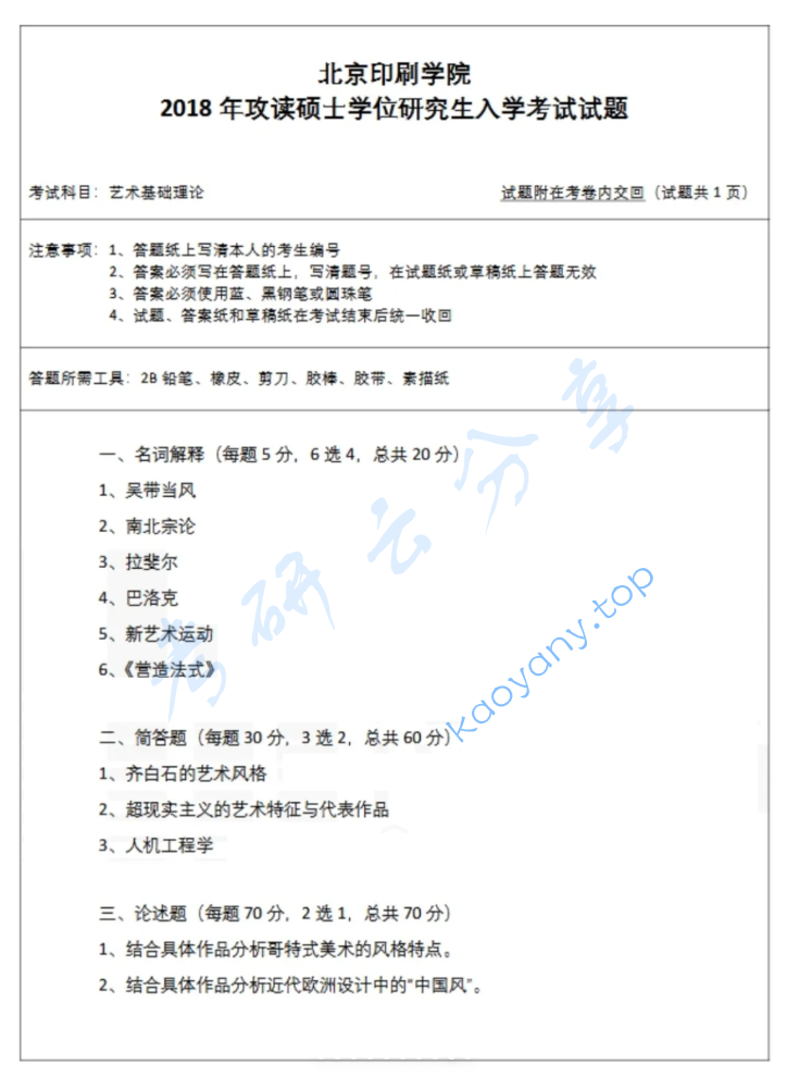 2018年北京印刷学院613艺术基础理论考研真题