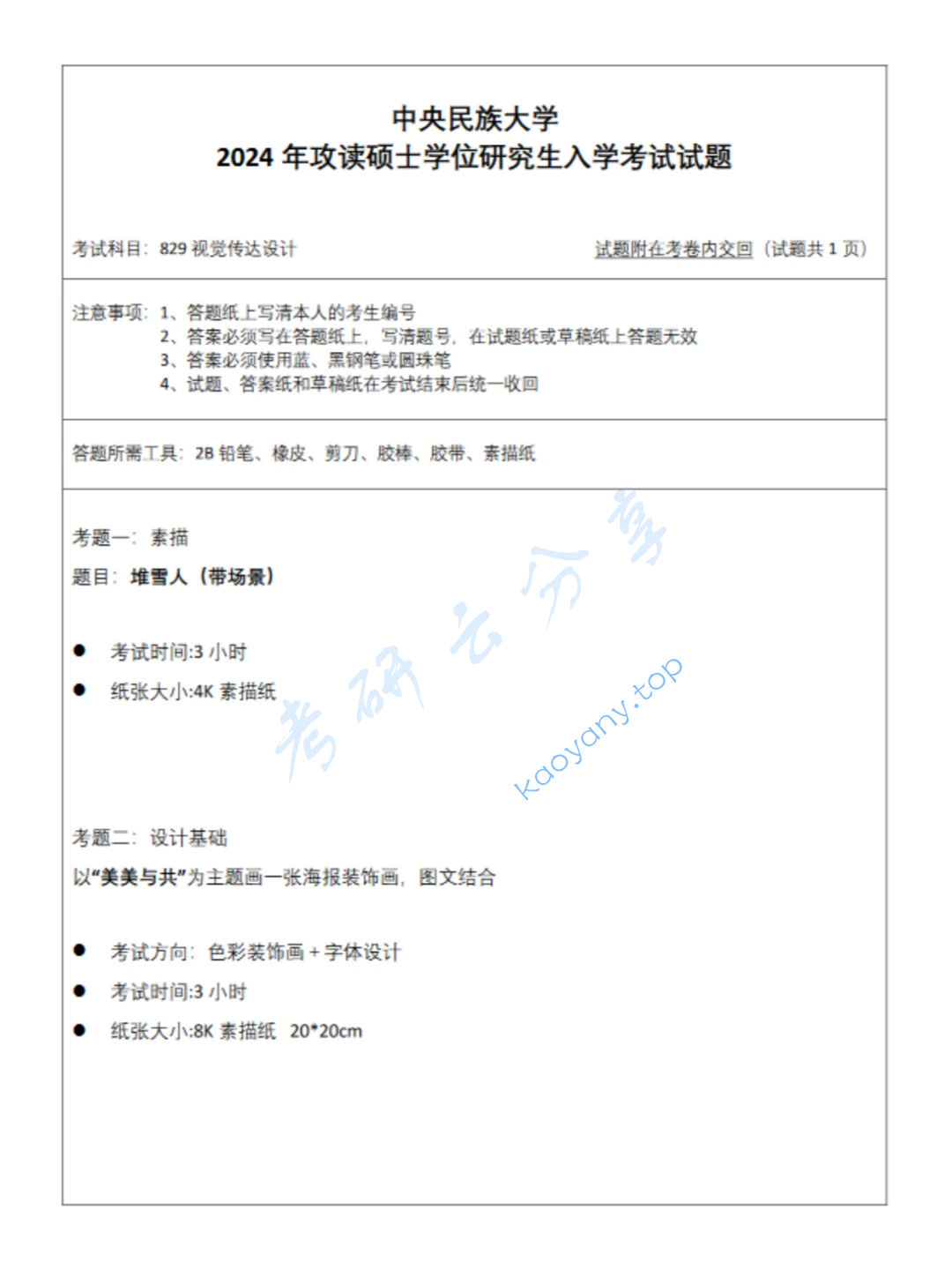 2024年中央民族大学829视觉传达设计考研真题