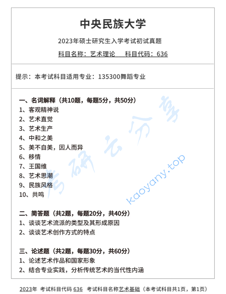 2023年中央民族大学636艺术理论考研真题