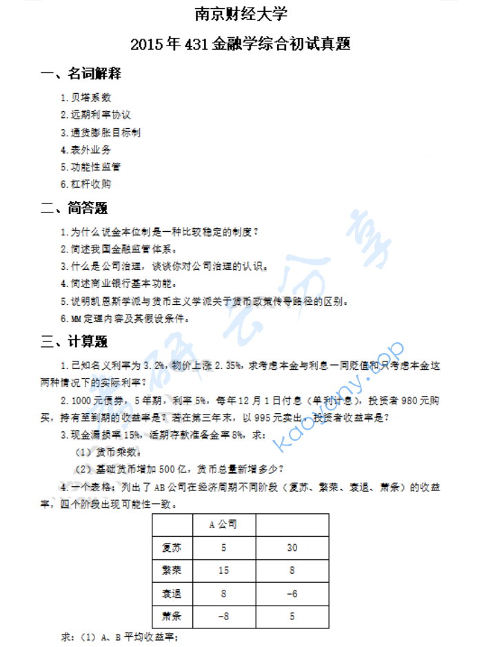2015年南京财经大学431金融学综合考研真题