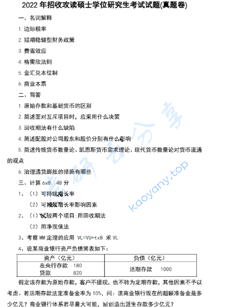 2022年南京财经大学431金融学综合考研真题