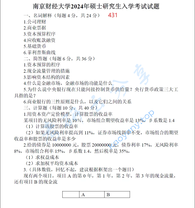 2024年南京财经大学431金融学综合考研真题