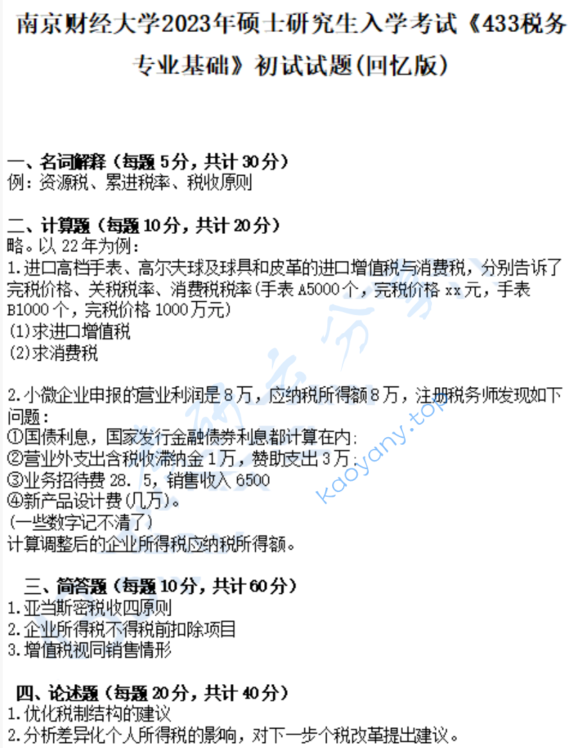 2023年​南京财经大学433税务专业基础考研真题