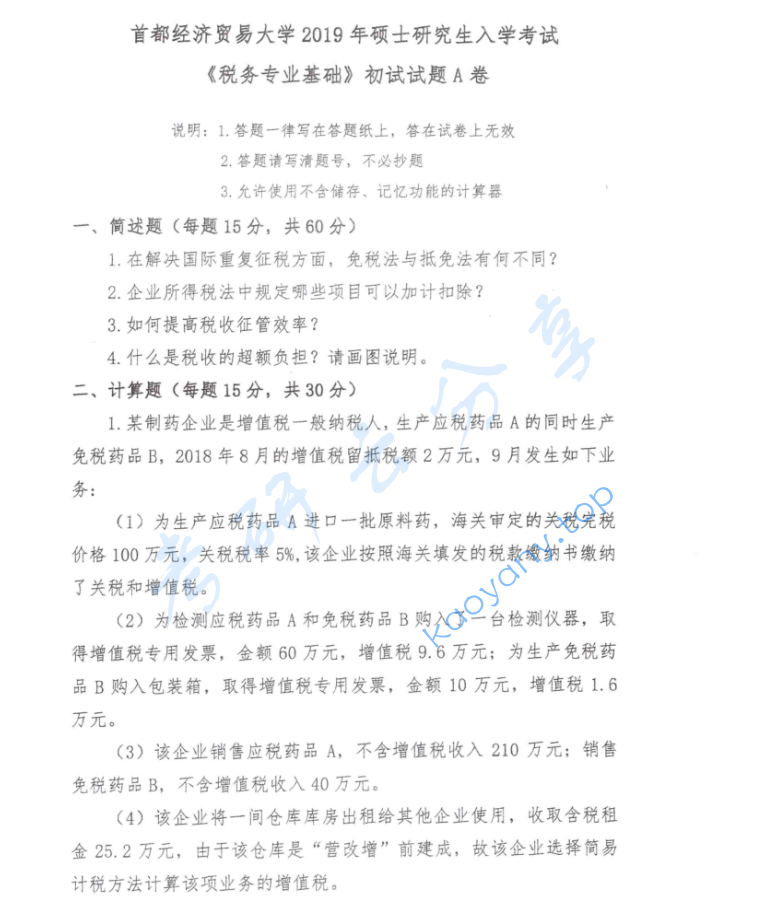 2019年首都经济贸易大学433税务专业基础考研真题