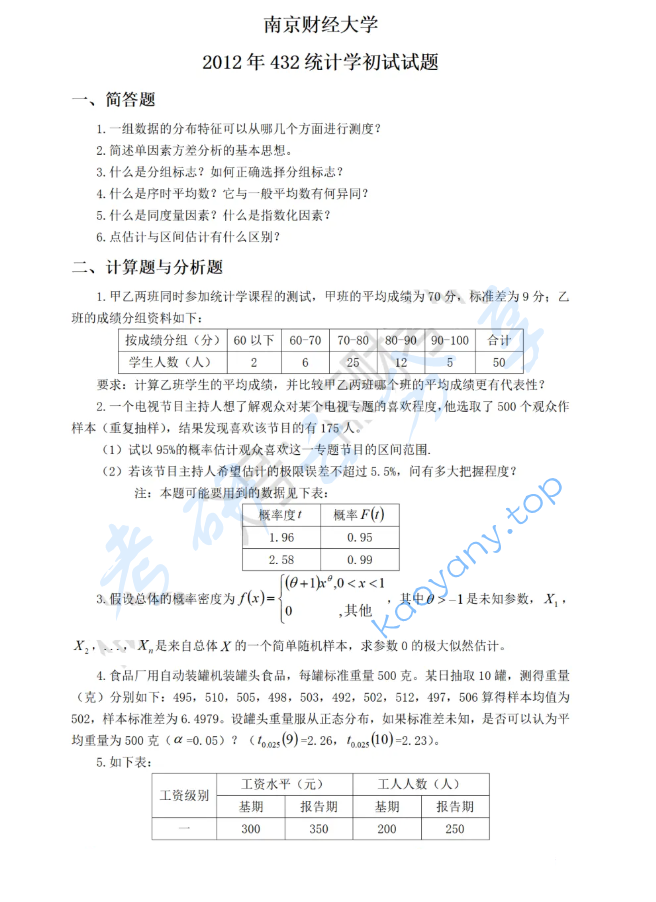 2012年南京财经大学432统计学考研真题