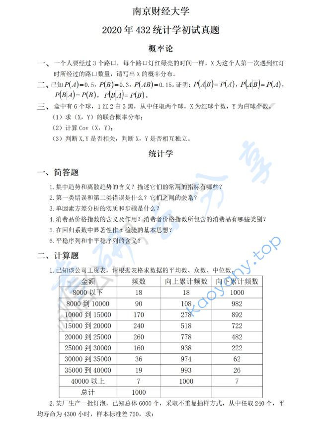 2020年南京财经大学432统计学考研真题