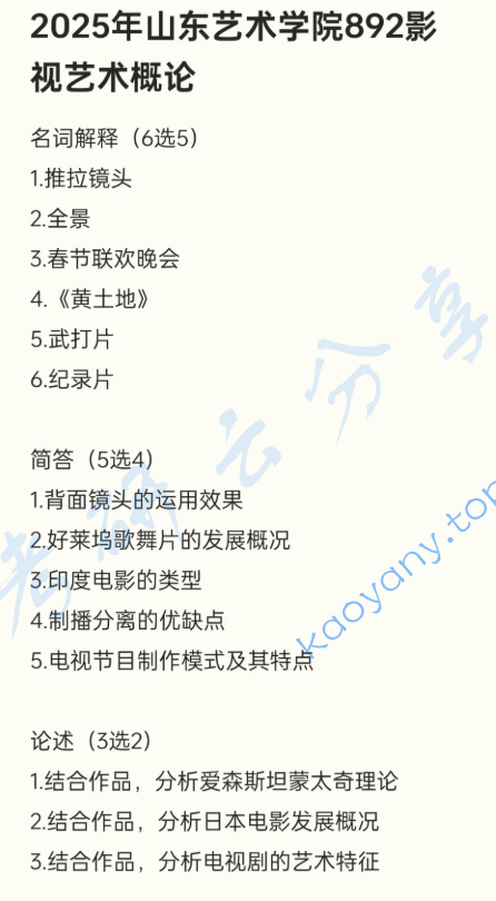 2025年山东艺术学院892影视艺术概论考研真题