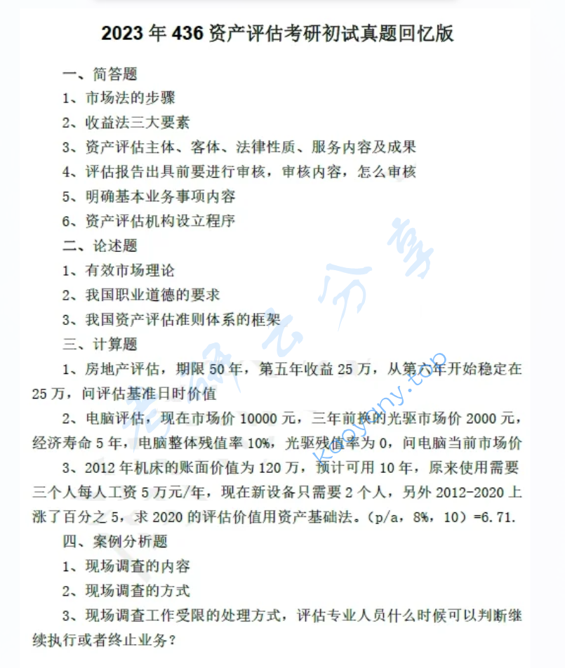 2023年山东财经大学436资产评估专业基础考研真题