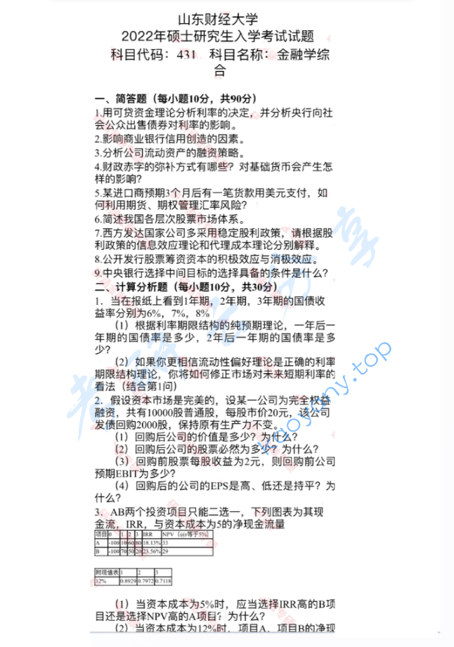 2022年山东财经大学431金融学综合考研真题