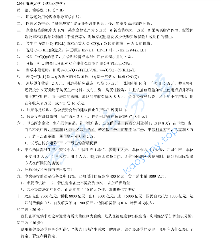2006年清华大学456经济学考研真题