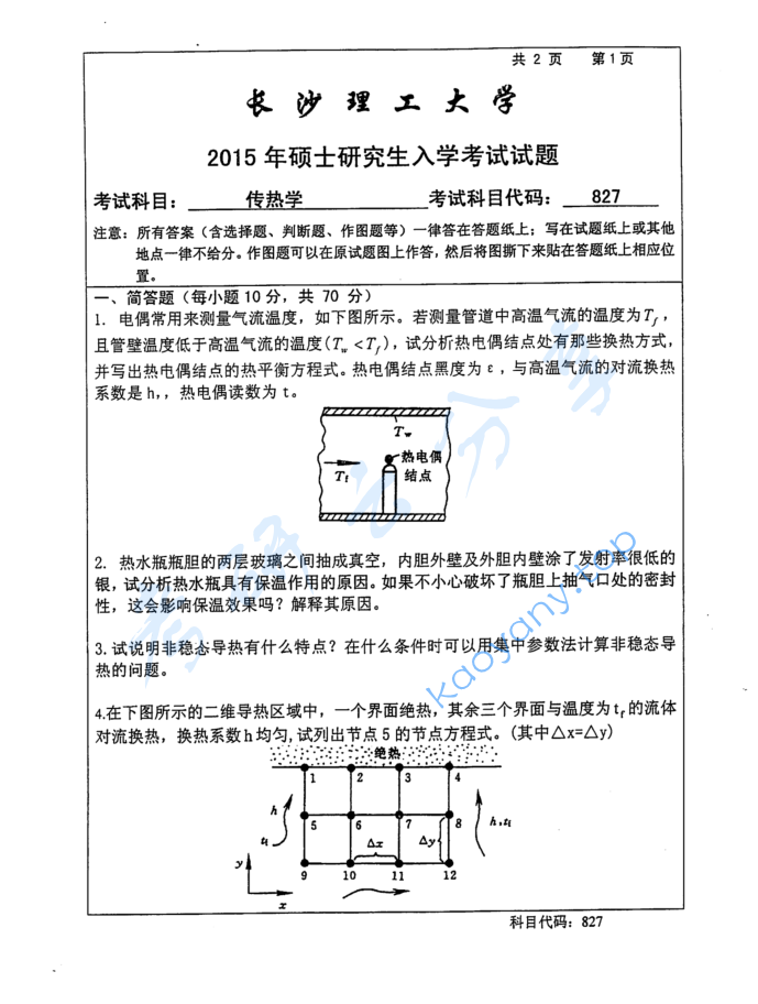 2015年长沙理工大学827传热学考研真题