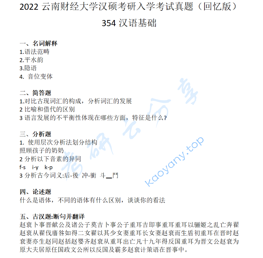 2022年云南财经大学354汉语基础考研真题