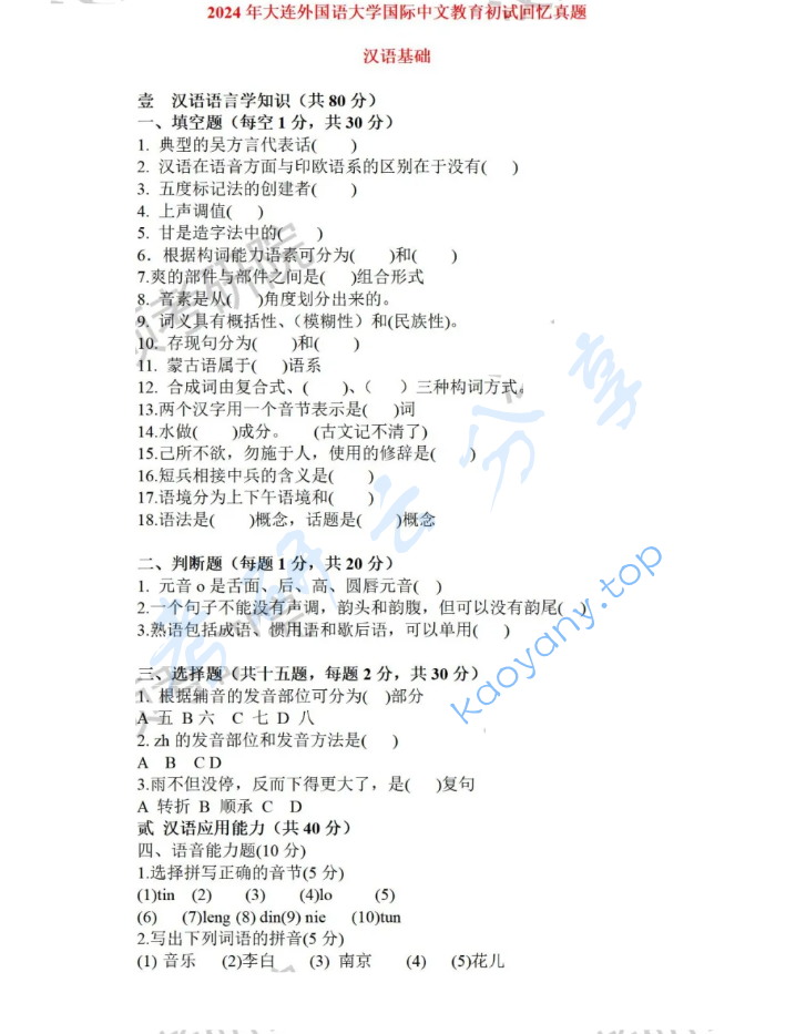 2024年大连外国语大学354汉语基础考研真题