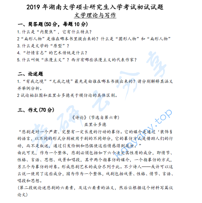 2019年湖南大学715文学理论与写作考研真题